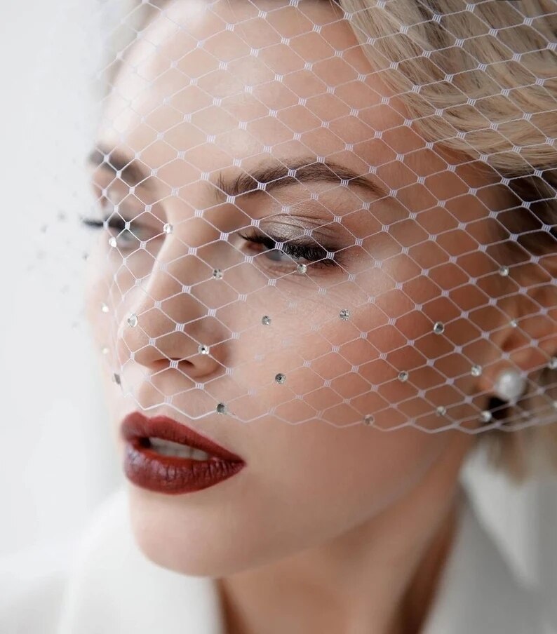 Veil for Face White Shiny Rhinestone Veil Hair Comb Charming Birdcage Veil Blusher Veil Wedding Hair Accessories Fascinators