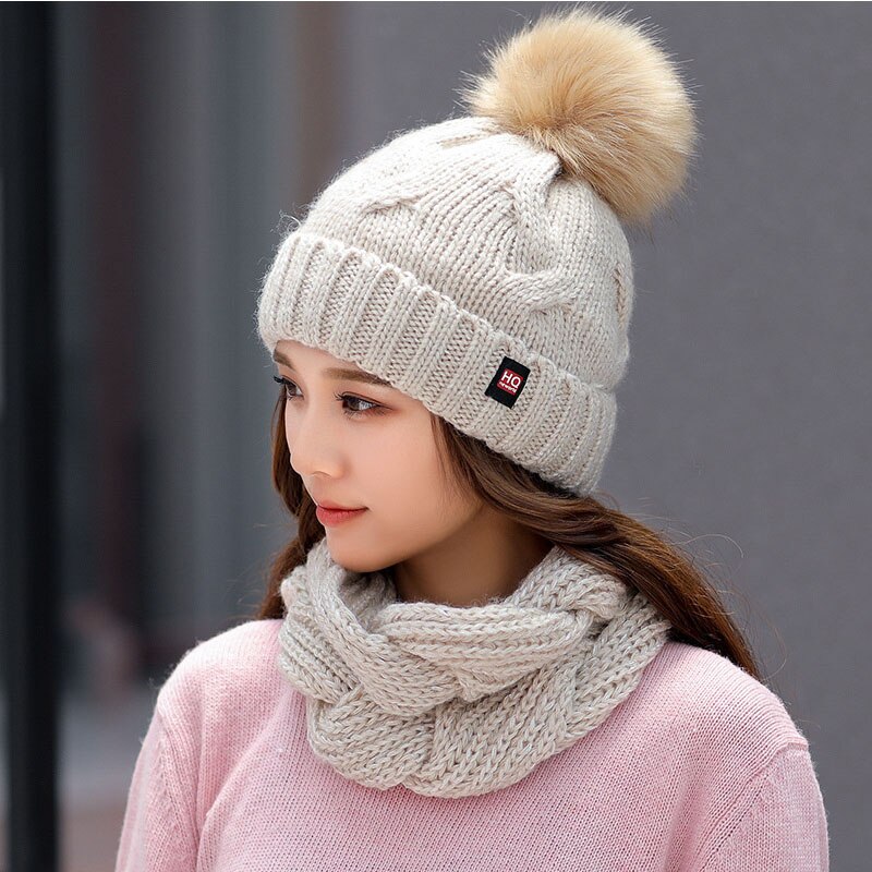 Conjunto de gorro y bufanda de invierno, gorros de punto grueso para mujer, gorro, bufanda para niñas, gorro de Pom Beain, sombreros de color sólido: beige