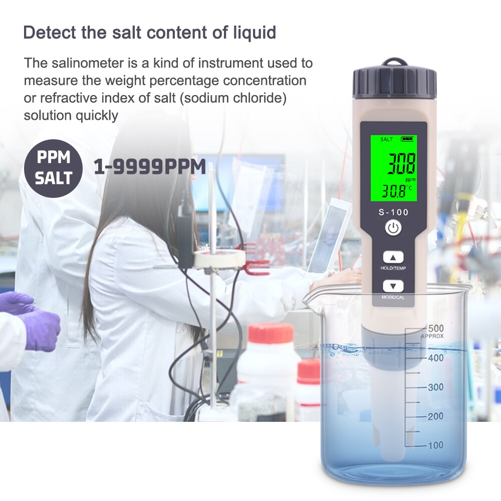 Yieryi S-100 Digital Salinity Meter 4 in 1 TDS/EC/Salinity/TEMP Water Tester with TDS&EC Calibration Solution Buffer