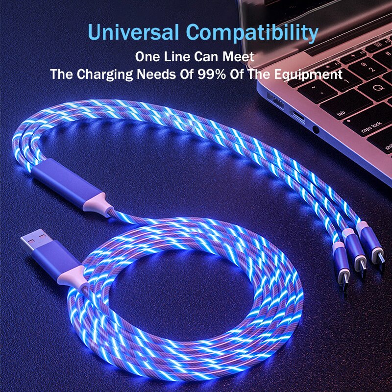 3 In 1 Glow Vloeiende Charger Cable Micro Usb Type C Kabel 1.2M Kleuren Led Licht Snelle Opladen Draad voor Iphone 12 Xiaomi 11 Redmi