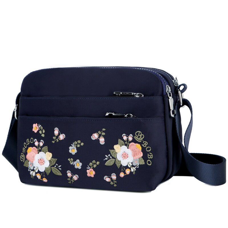 Luxe Bloem Schoudertas Vrouwen Kleine Nylon Tote Top-handvat Reizen Crossbody Tas Borduren Messenger Bags: Deep Blue