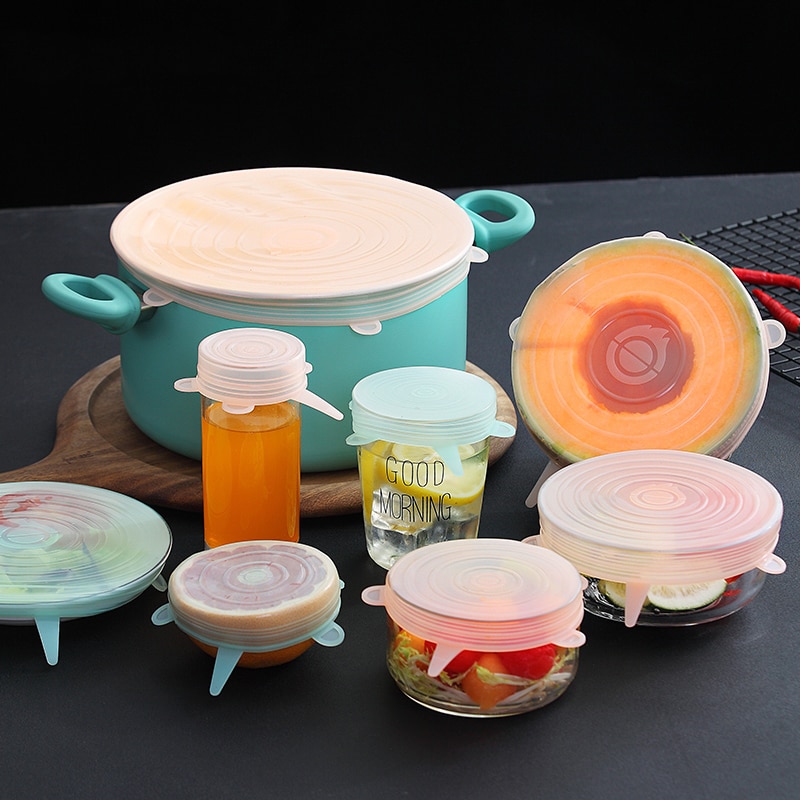 Tapas elásticas de silicona de 6 uds, tapas herméticas reutilizables para envolver alimentos, cubiertas para mantener el bol sellado fresco, cubiertas elásticas para envolver, utensilios de cocina