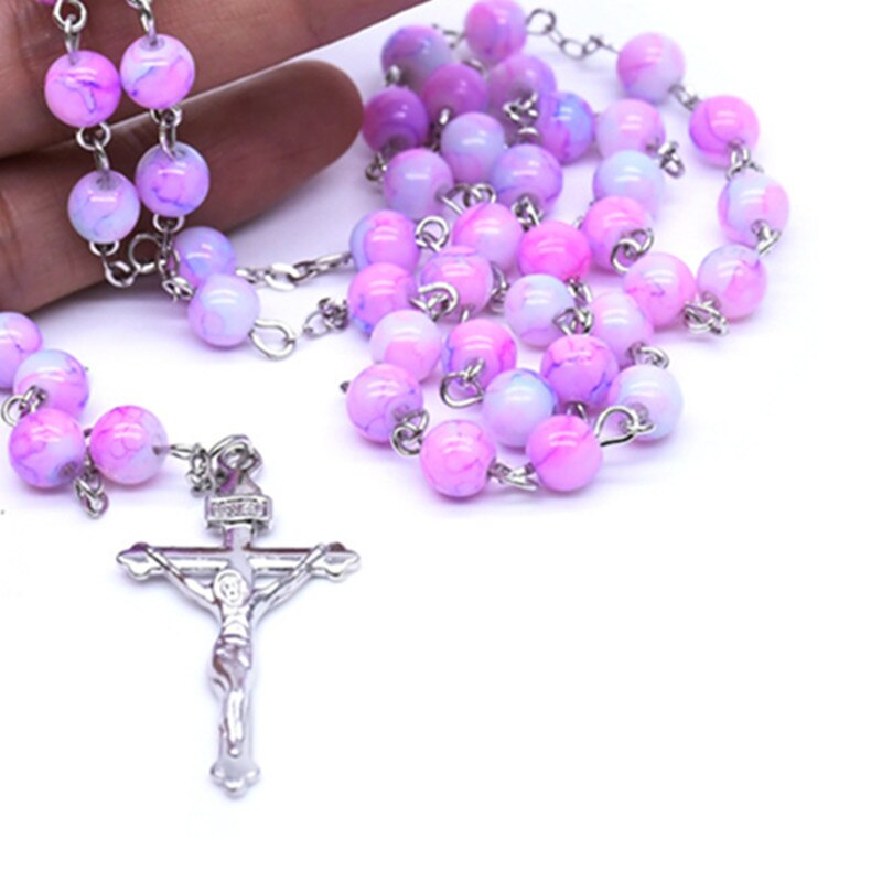Rosário roxo com gradiente religioso, pingente redondo com contas da moda, cruz da virgem maria, 1 peça