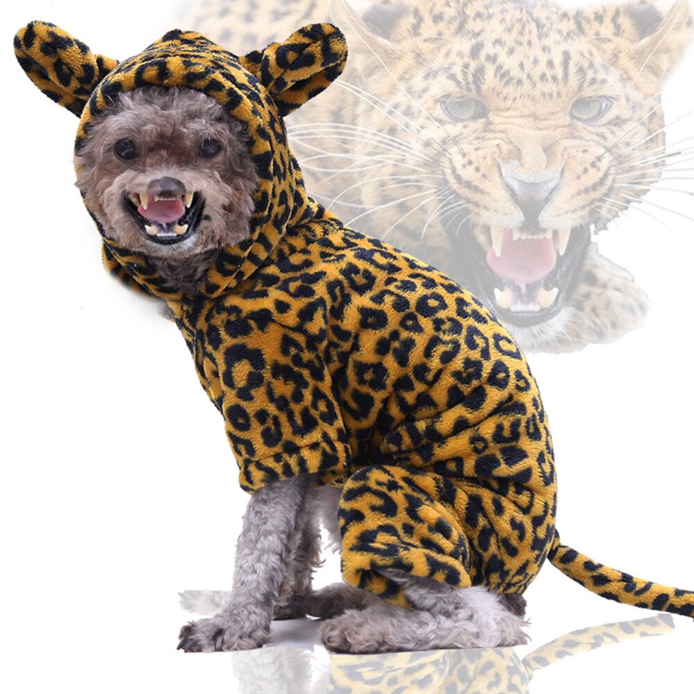 Hund løve outfit kostume sjovt halloween kæledyr festtøj til lille hund koral fleece cosplay leopard zebra kat yorkies tøj: Leopard / S