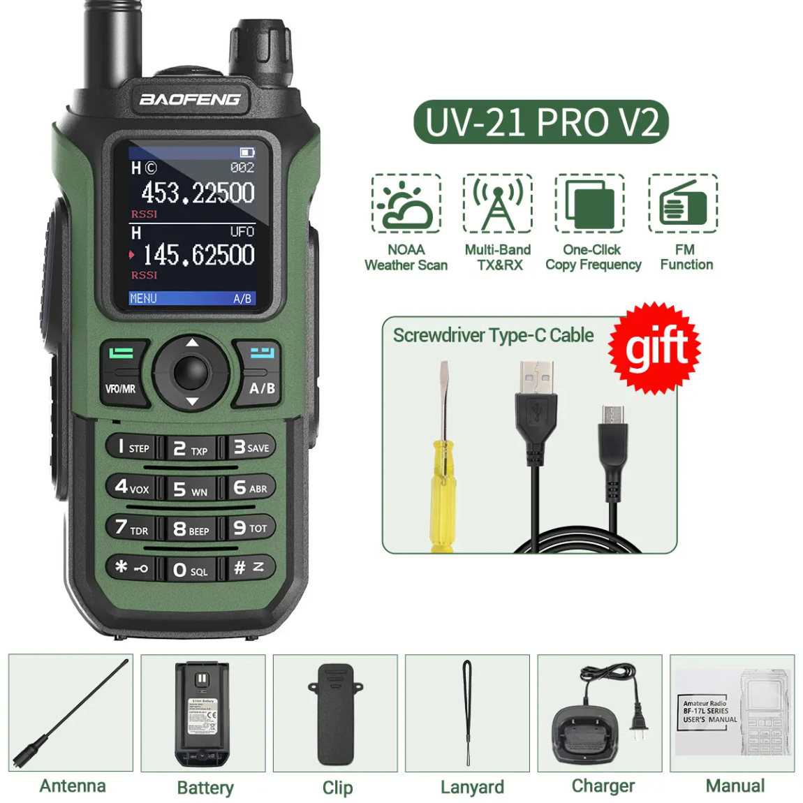 Baofeng UV-21 Pro V2 Wireless Copy Frequency Mutli Band Powerful Waterproof Long Range UV-5R Long Range Type-C Two Way Ham Radio: Other / EU