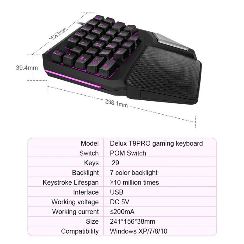 Delux T9 Pro – clavier de jeu ergonomique avec touches programmables, une main, pour PUBG gun, PC portable
