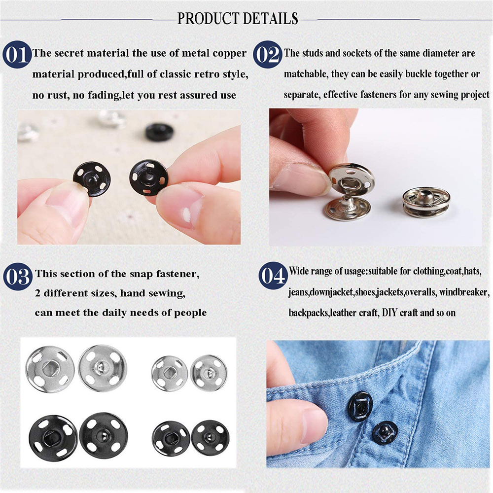 100/50 stk trykkknapper sy på trykknapper metall trykknapper trykkknapp for gjør-det-selv-sying av klær 8/10mm