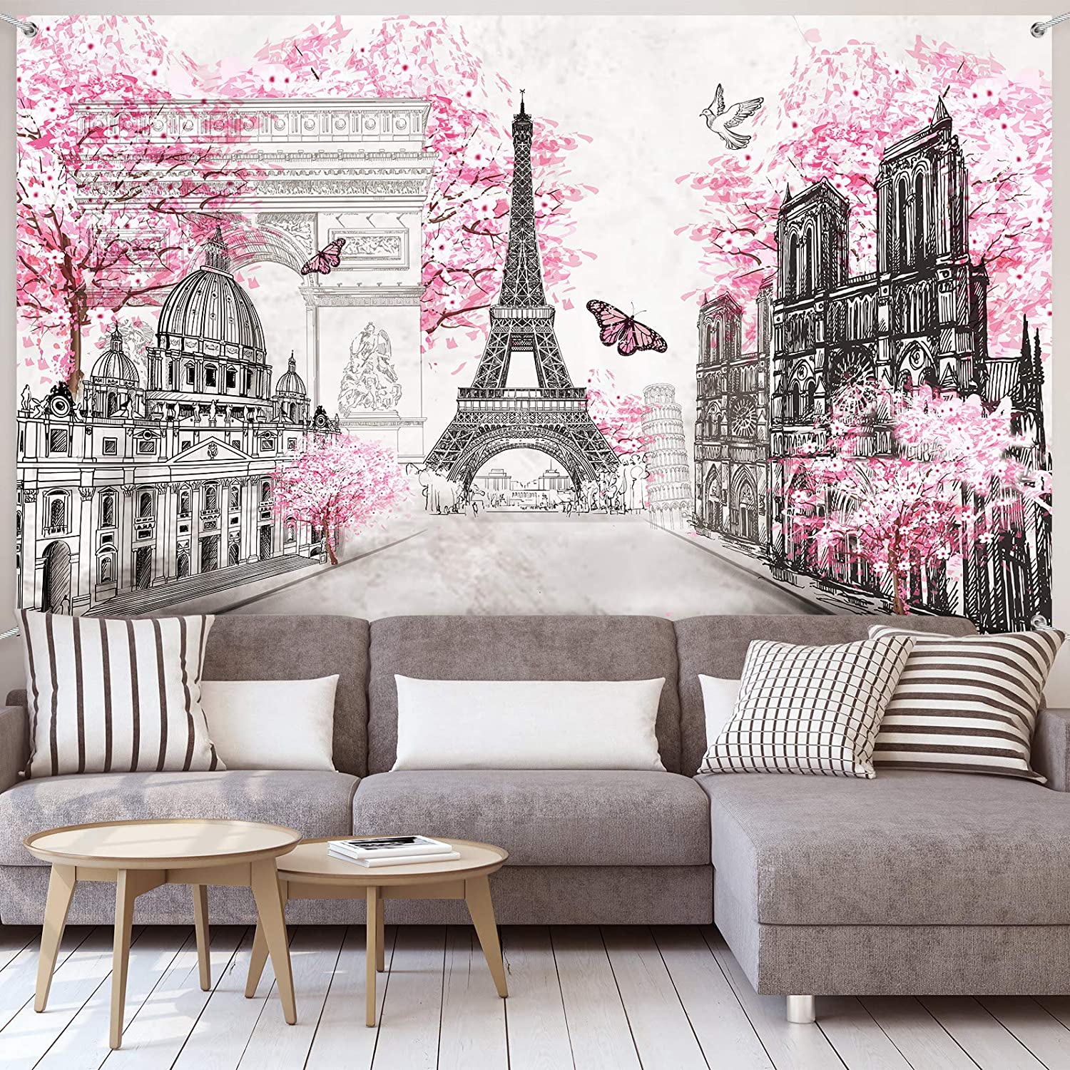 Paris Tapestry Backdrop Paris Wall Art Eiffel Tower Photo Banner Background European City Landscape Pink Wall Hanging Decor