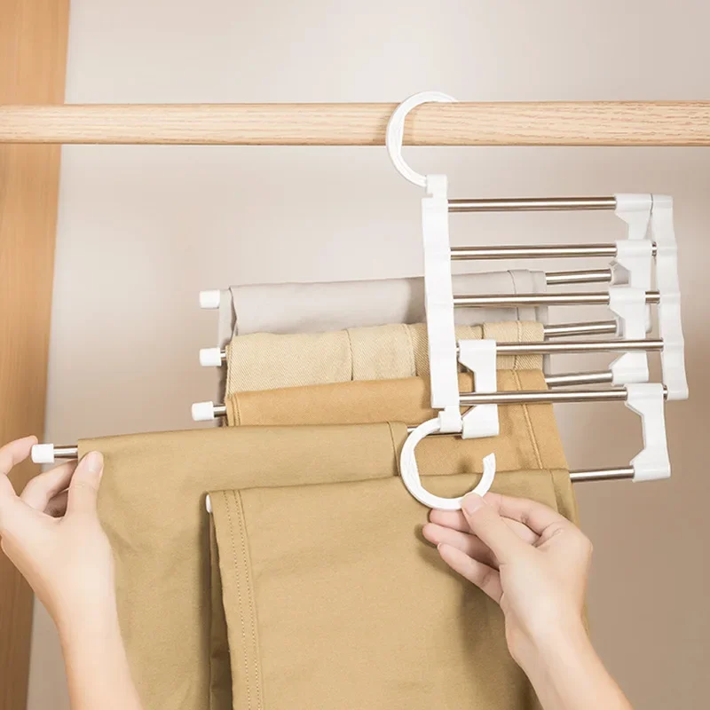 Pants Hanger 5 In1 Save Space Collapsible Towel Tie Hook Multi-functional Clothes Trouser Rack Wardrobe Closet Organizer Storage