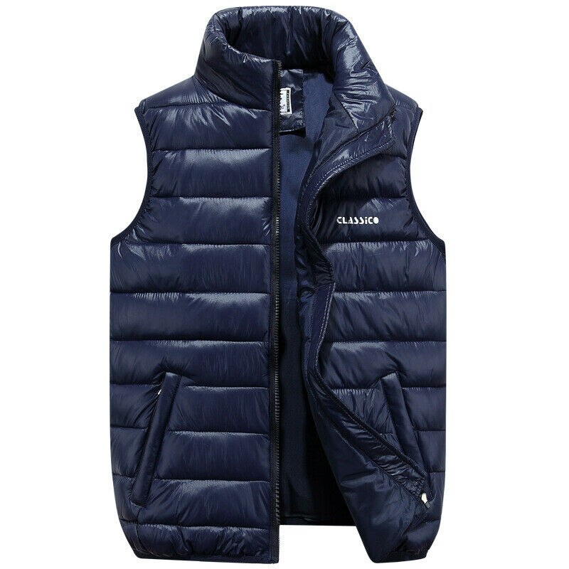 4 Colors Men Casual Sleeveless Vest Top Coat Male Padded Vest Jacket Quilted Outwear Tops Zip Up Waistcoat Outfits Plus Size: Blue / XXXL