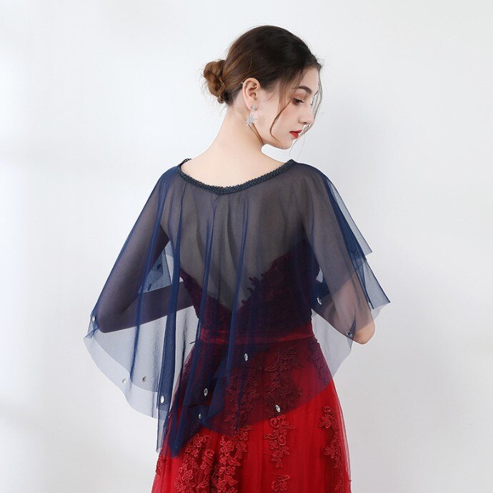 Zomer rode blauwe tule bruidsomslagdoeken sjaal dames avond cape bolero strass bruidsjurk bruiloft feest jassen omslagdoek