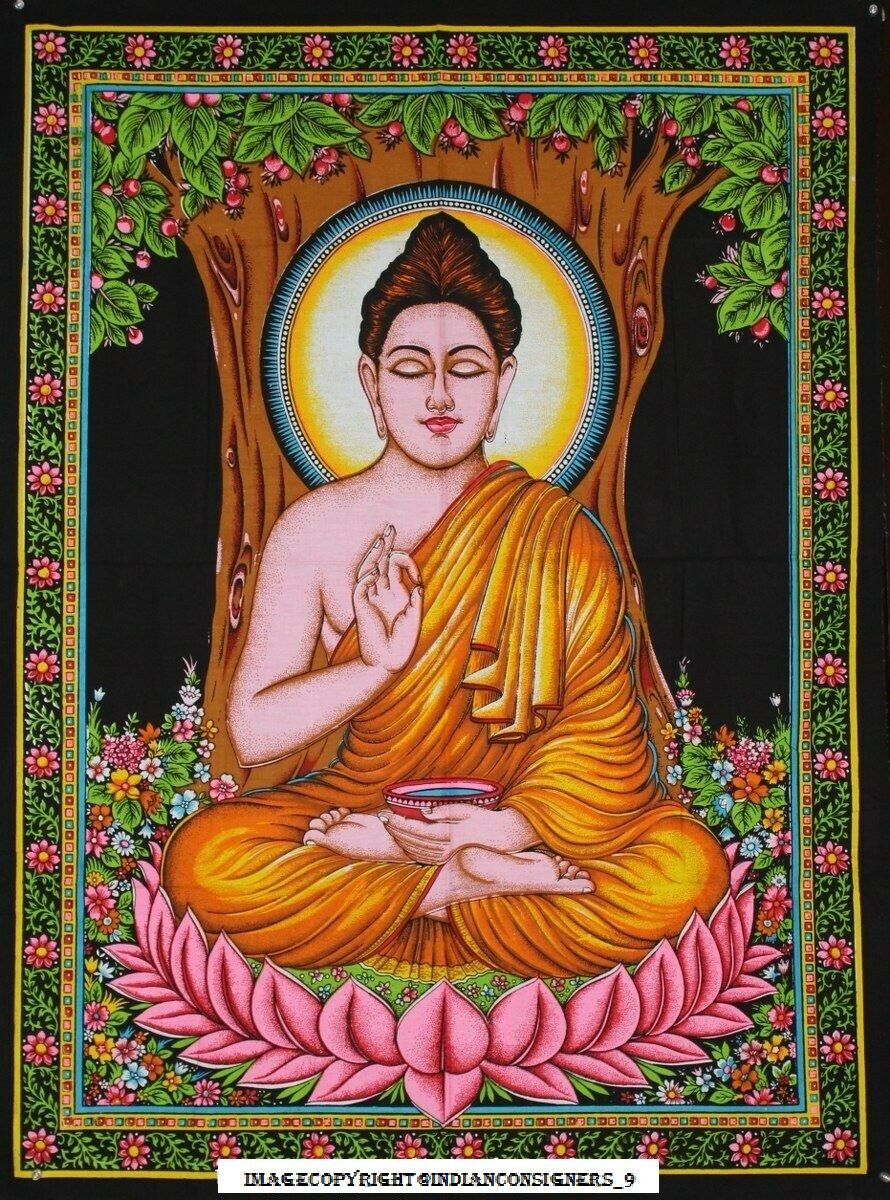 Prachtige Kleine Poster Lord Buddha Tapijt Katoen Stof Handgemaakte Indiase