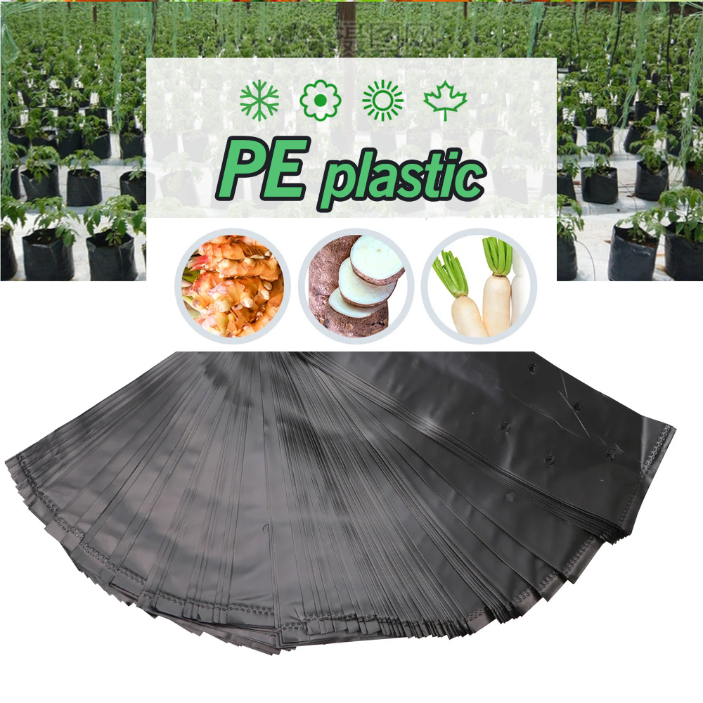 Bolsas de plástico de polietileno para vivero, macetas de cultivo de plantas de tela con agujeros transpirables para cultivo doméstico, suministros de jardinería, color negro, 100 piezas