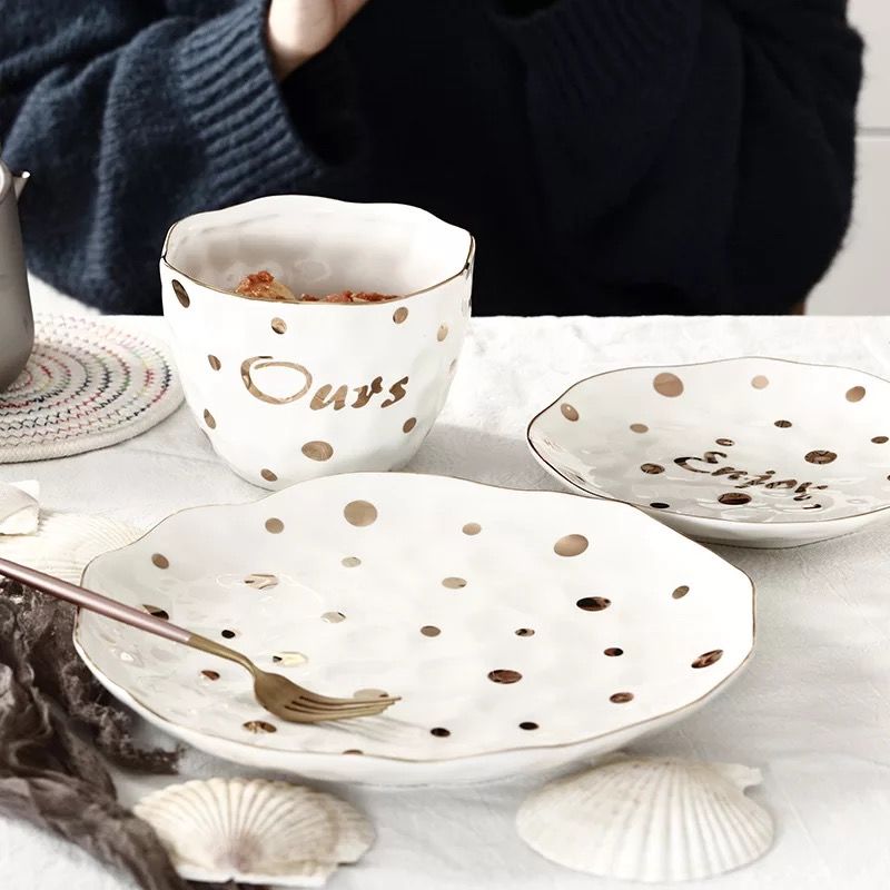 Europæisk guld bølgepunkt keramik porcelæn suppe skål frugt frugt bøf plade desserter fad sød mad plader