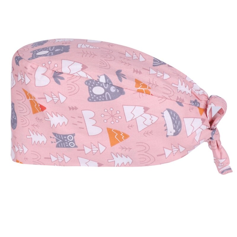 Dokter verpleegkundige katoenen werkmuts met zweetband, verstelbare strik aan de achterkant, schattige cartoon dieren, kalebasvormige bouffant scrubmuts: -i