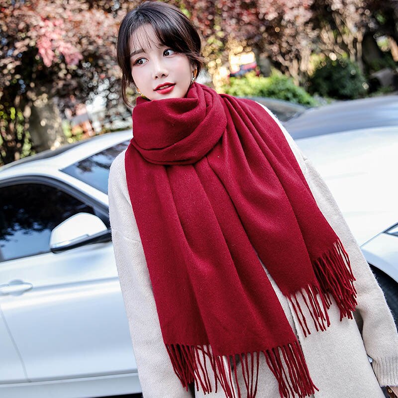 Winter Scarf Women Wool Blending Solid Shawls and Wraps for Ladies Warm Muffler Echarpe Vintage Red Wool Scarves Foulard: Color 4
