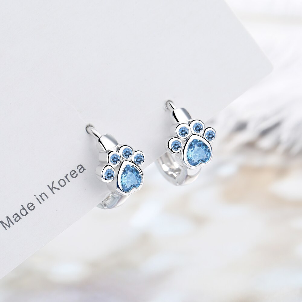 Cute Cat Paw Hoop Earrings Blue Cubic Zircon Earrings For Girls Minimalist Accessories S-E1078