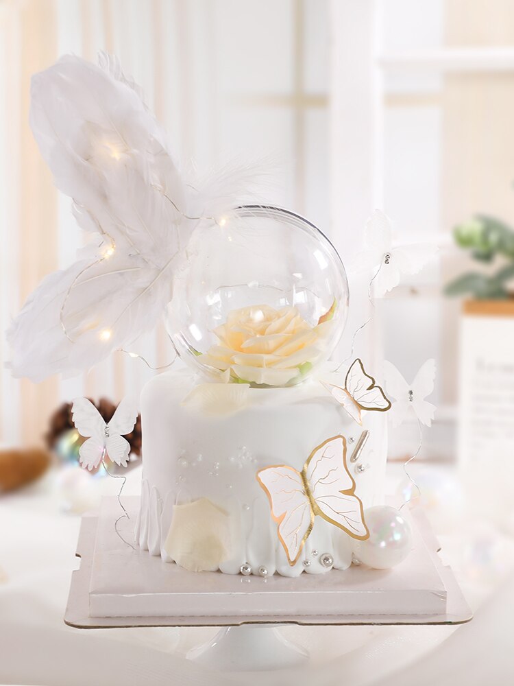 Witte Veer Vlinder Pvc Gelukkige Verjaardag Cake Topper Bruiloft Kroon Bruid Dessert Decoratie Voor Verjaardagsfeestje Mooie