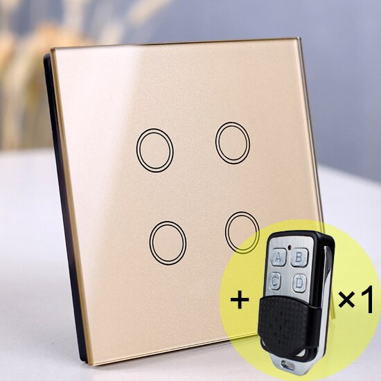 4 gang touch switch, Wireless Remote Control light Switch, Smart Sensor touch Wall Switch, Luxury Crystal Glass Panel Surface: gold with 1 remote