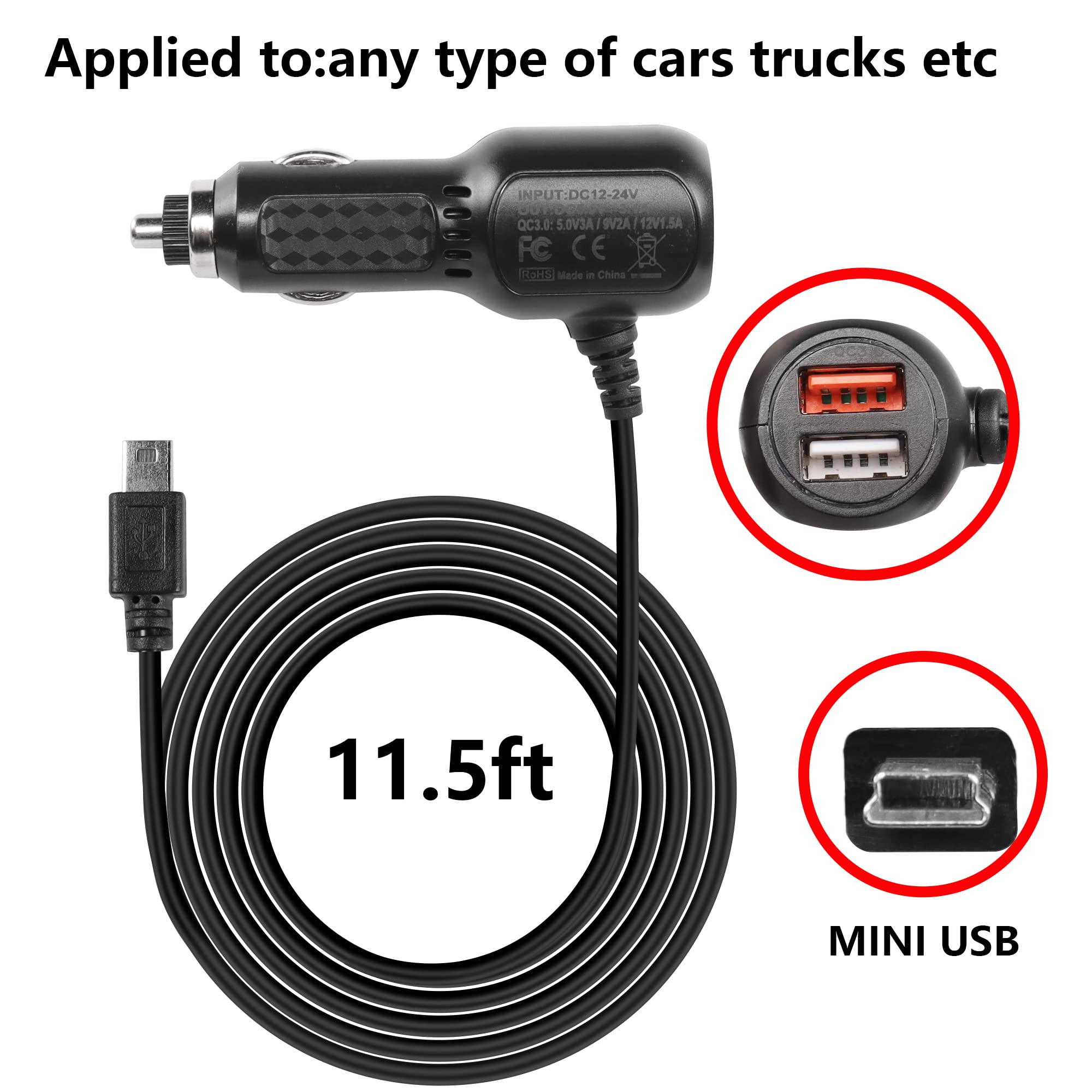 Meiriyfa Dashcam Voedingskabel, Dashcam Oplader Mini Usb, Qc3.0 Snelle Auto-Oplader Met Dubbele Usb-Poorten Voor Verschillende Modellen