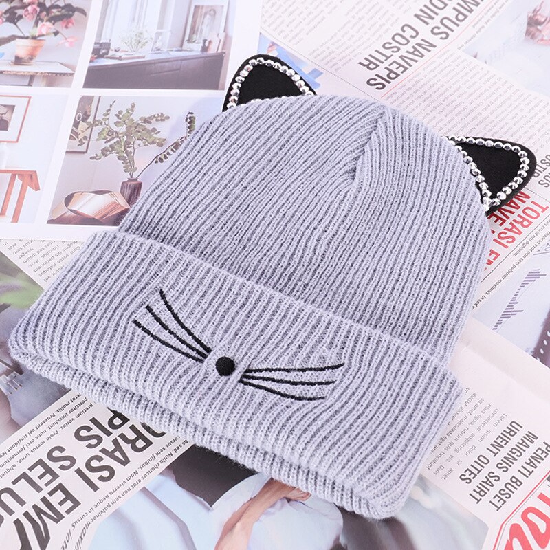 Śliczne kapelusz z uszami ciepłe czapka damska z dzianiny zima kot czapka z czaszkami zima kobieta na zewnątrz czapka czapka bez daszka Panama dama czapka: 5