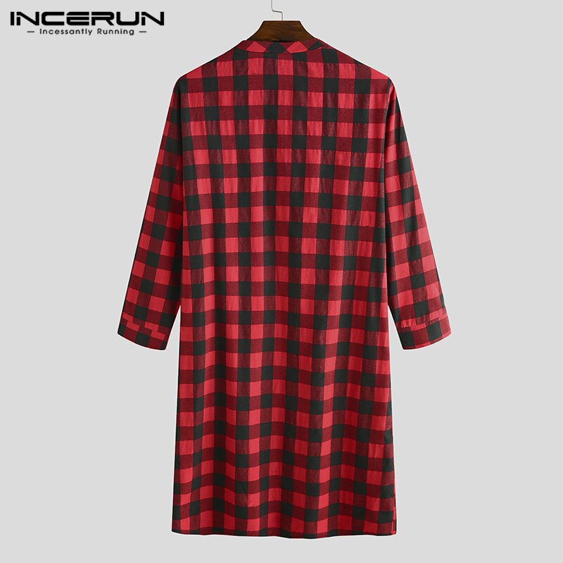 Plaid Men's Sleep Robes Homewear Soft Loose Long Sleeve V Neck Button Long Pajamas Leisure Men Nightgowns S-5XL INCERUN