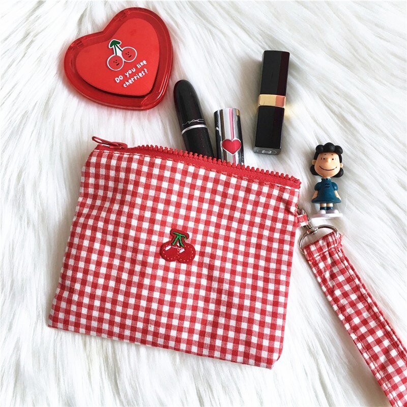 Purdored 1 pc kirsebærrød plaid makeup taske unge piger sød lynlås kosmetik taske mini kvinder skønhed taske rejse make up taske