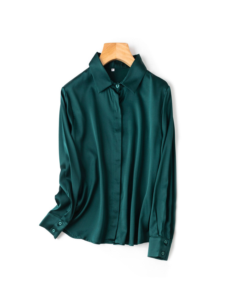 SuyaDream-camisas lisas de seda 93% auténtica para mujer, Blusa de manga larga de 7% licra, Top para oficina, primavera y otoño, 2022: XXL / Verde oscuro