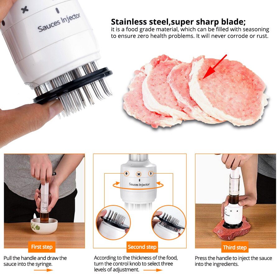 Köttmörare i rostfritt stål, nålar av injektionstyp nötköttsmarinadinjektor, för kök, bbq, marinadsmak