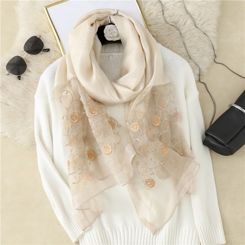 Real Silk and Wool Women Scarf Floral Embroidery Lady Headband Scarves Pashmina Shawl Wraps Bandana Hijab Big Size Beach