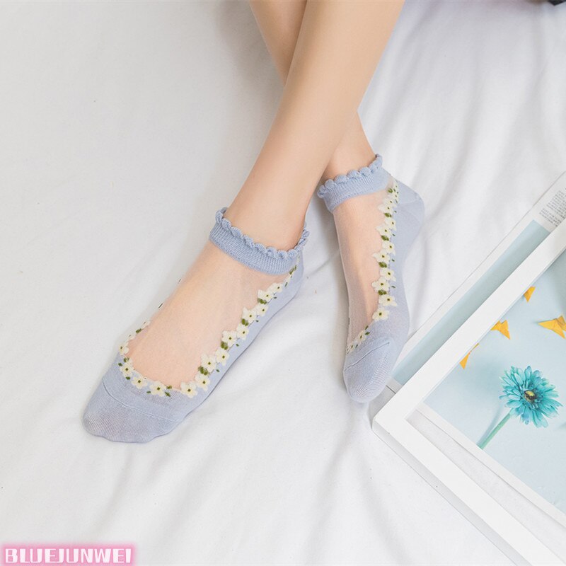 5 paires de chaussettes pour femmes, été, motif floral, chaussettes en soie, cristal, douces, en coton, respirantes, à la cheville