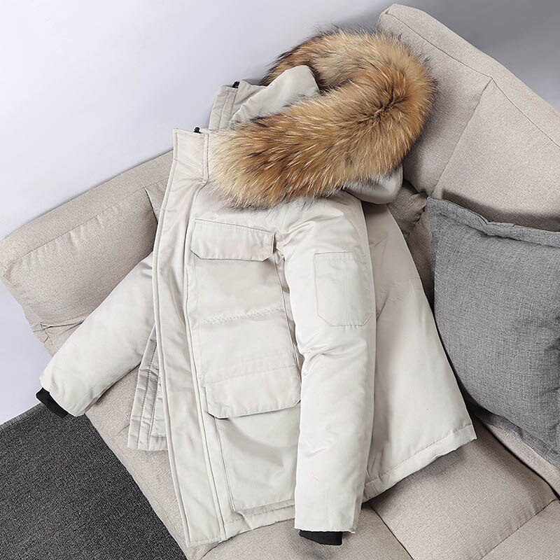 -30 graders vinterdunparkas jacka herr tjock varma parkasrock herr luva pälskrage vattentät vindjacka herr ytterkläder: Beige / Xl