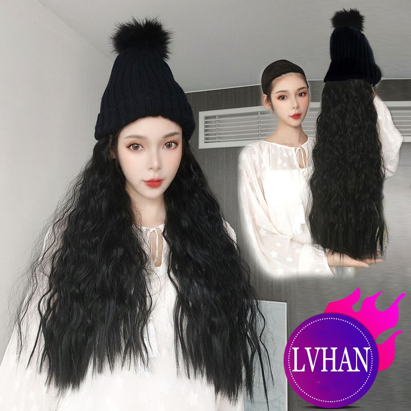 Lvhan paryk hue strikhue lang krølle natur sort brun sort dyb brun lysebrun høj temperatur fiber