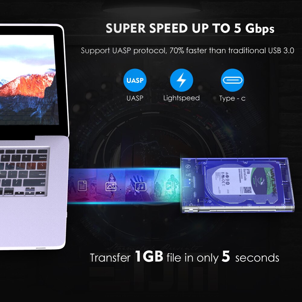 Wavlink USB 3.0 SSD Enclosure to SATA Hard Drive Docking Station UASP for 2.5" HDD SSD Up To 2TB 5Gbps External HDD Enclosure
