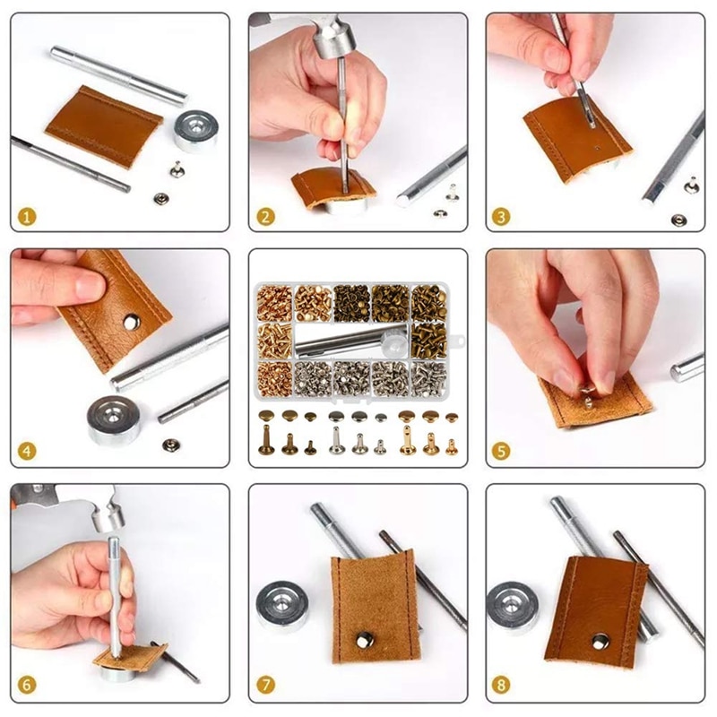 Remaches de cuero con doble sombrero con remaches, tachuelas de Metal Tubular con alicates de perforación, herramientas de fijación de cuero para manualidades DIY, juego de remaches Rep, 480 Uds.