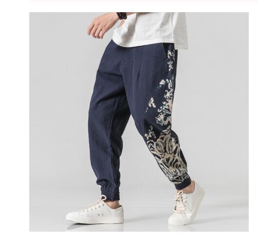 Traditional Chinese Clothing for Men Pants Bruce Lee Tangsuit Style Vintage Streetwear Loose Kungfu Trousers: navy / 4XL
