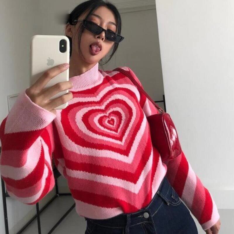 Strikkevarer  y2k genser estetikk hjerte stripete høyhalset genser gensere jenter søt langermet harajuku 90s streetwear: Rosa