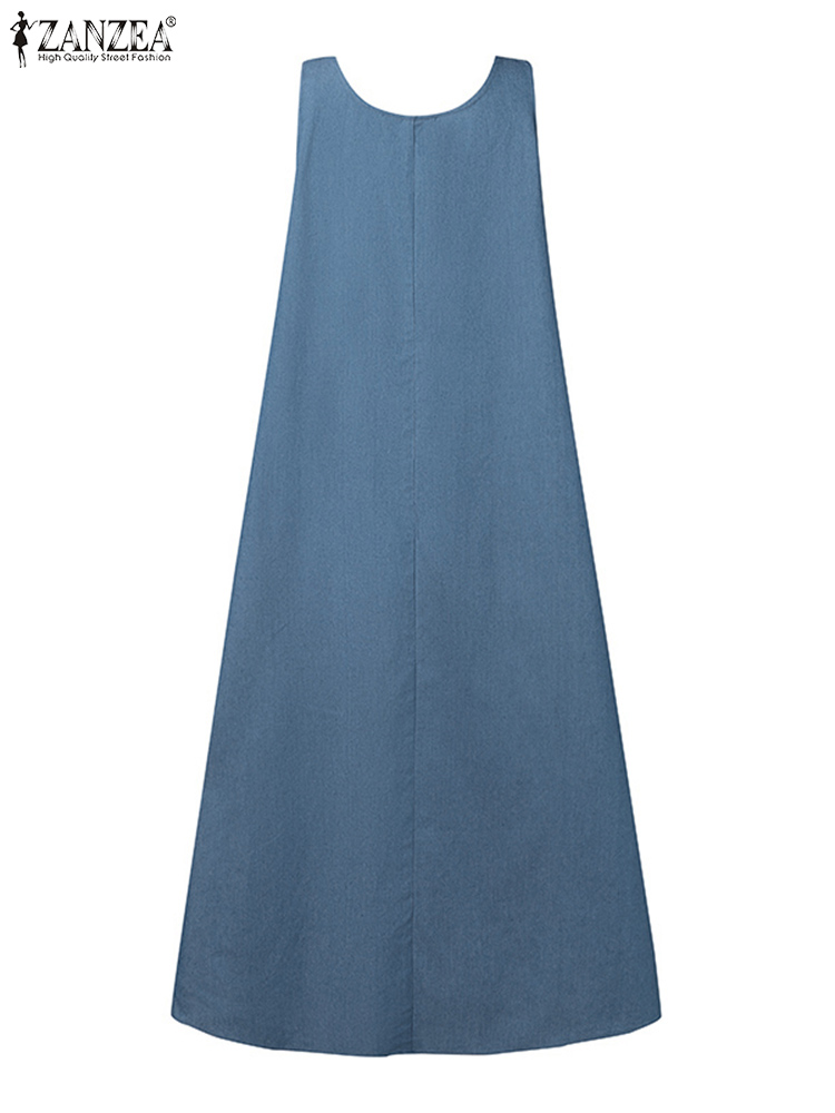 Sommer Elegante Overalls Kleid ZANZEA Muslimischen Maxi Sommerkleid Robe Femme Vintage Straps Solide A-line Denim Blau Vestidos Kaftan 2024