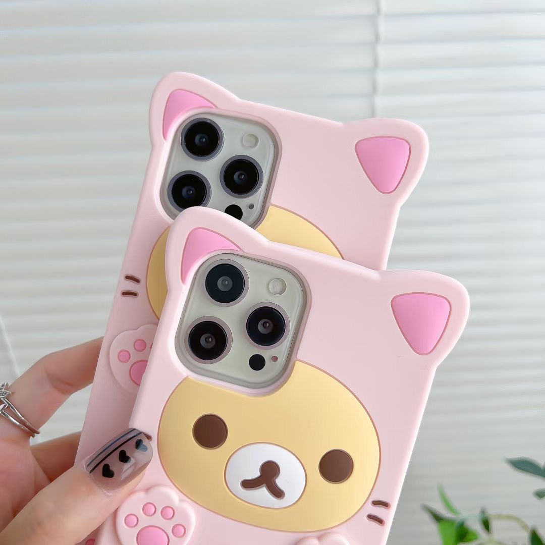 3D Leuke Cartoon Beer Kawaii Zachte Siliconen Case voor IPhone 16 15 14 13 11 Pro Max 12 Mini XS XR X 8 Plus SE Beschermhoes