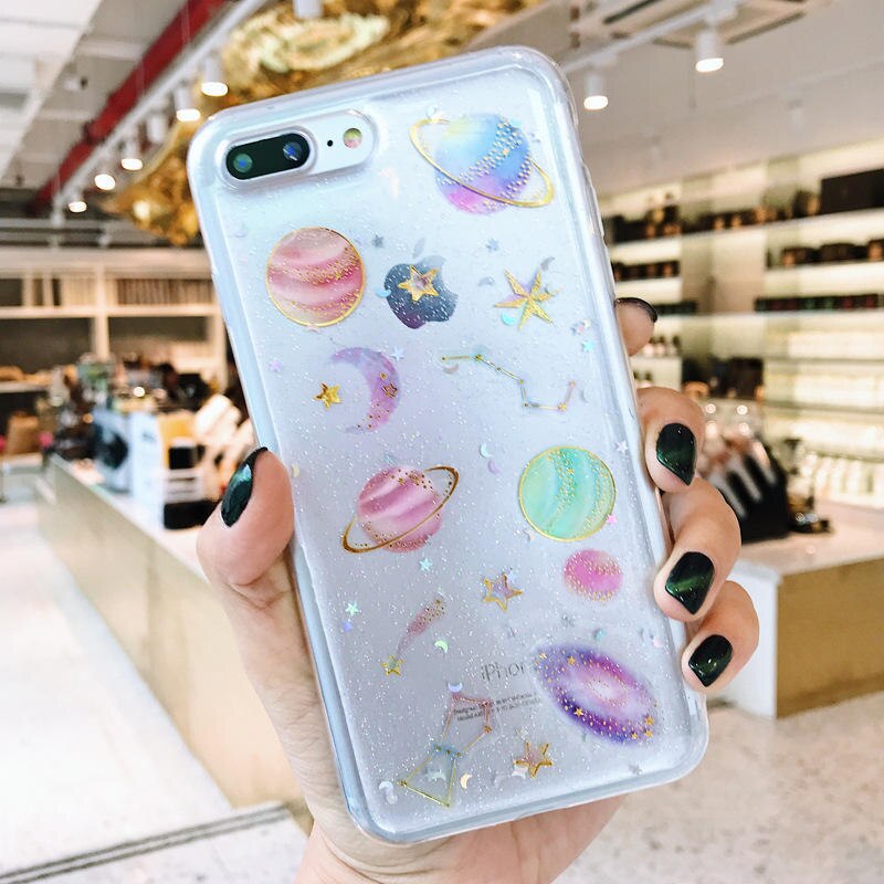 Luxe Glitter Leuke Space Planeet Telefoon Case Voor iphone X XR XS Max Clear Zachte Siliconen Star Back Cover Voor iphone 6 6 S 7 8 Plus: For iphone 7 / White