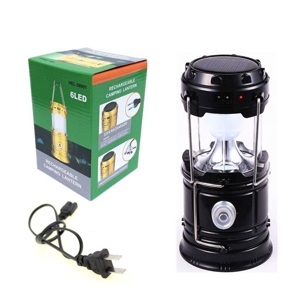 Camping lampe usb genopladelig camping lys udendørs telt lys lanterne solenergi sammenklappelig lampe lommelygte nødfakkel: Sort