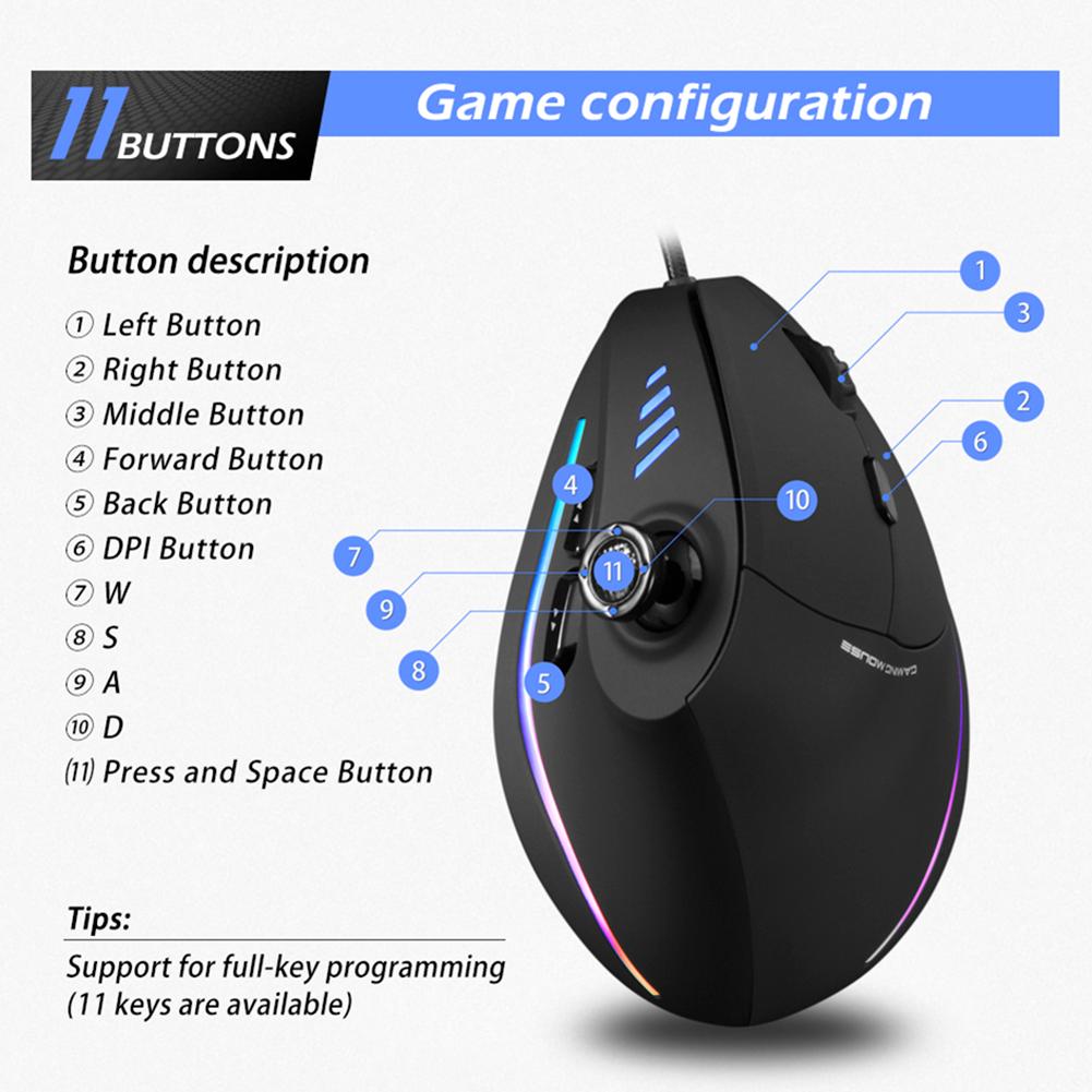 ZELOTES – souris verticale de jeu, C-18 DPI, 11 boutons, ajustable, ergonomique, filaire, USB, rvb, pour PC portable, Gamer, 10000