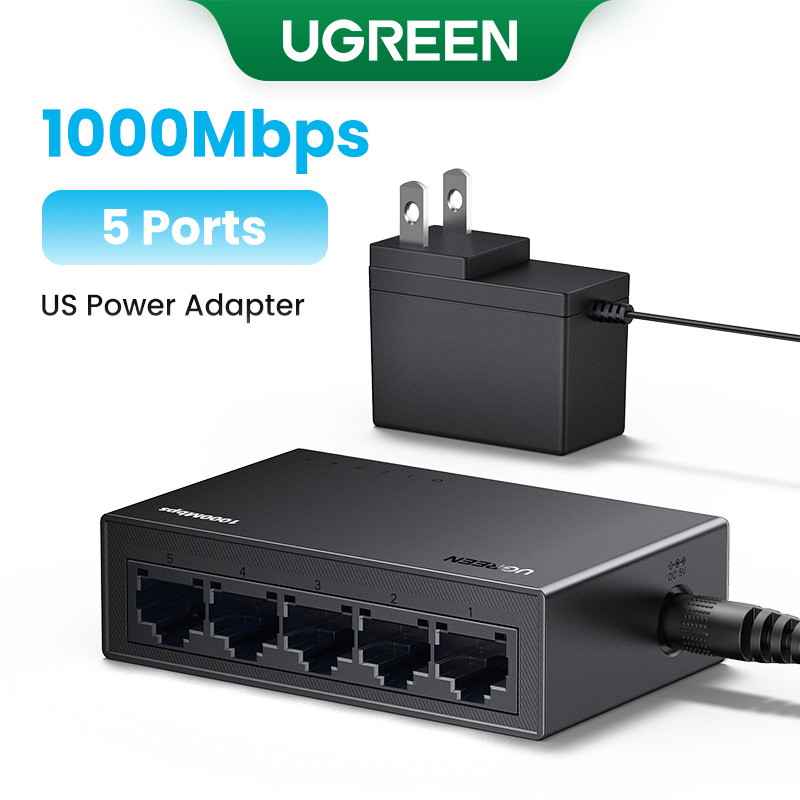 Ugreen switch ethernet 1000mbps mini extensão de rede 5/8 portas todos os gigabit para roteador lan hub completo/meio duplex plug and play: Preto