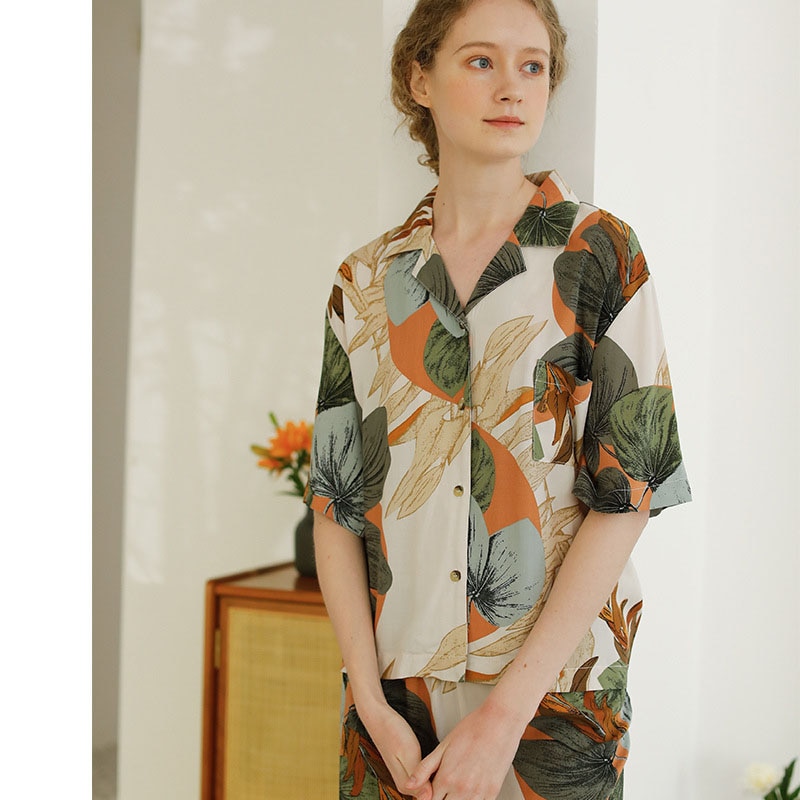 Kvinder sommer pyjamas kortærmet viskose bomuld hjemmetøj kvindelige trykte bukser homewear jakkesæt plus size loungewear