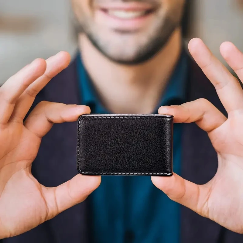 Business Card Holder Purse, Vertical Version PU Leather Card Case Wallet Pocket Business Name Card Holder with Magnetic Shut