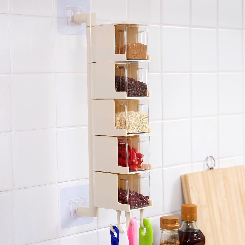 Kitchen Organizer Storage Box Seasoning Jar Bottle Wall Hanging Spice Rack Rotatable Sugar Salt Condiment Container Kitchen Tool: Cream-coloured5