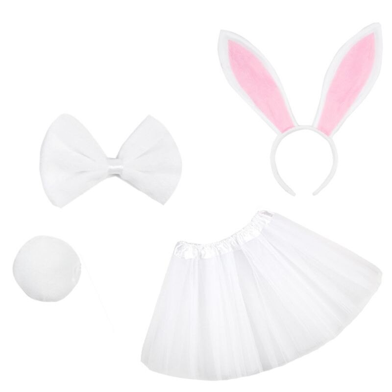 4 stk børn kanin cosplay kostume sæt lagdelt tyl tutu nederdel fancy dress up kaninører pandebånd butterfly hale påske outfits: Hvid