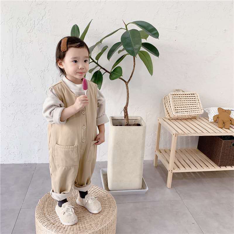 Herfst Winter Meisjes Lange Koreaanse Stijl Katoen Kinderen Jumpsuit Effen Kleur Pocket Enkele Breasted Ronde Hals Mouwloze Mode