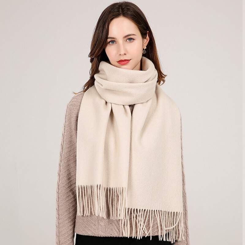 Kvinder uld tørklæde vinter kashmir echarpe wraps til damer solid foulard femme med kvast varme merino uld tørklæder: Beige