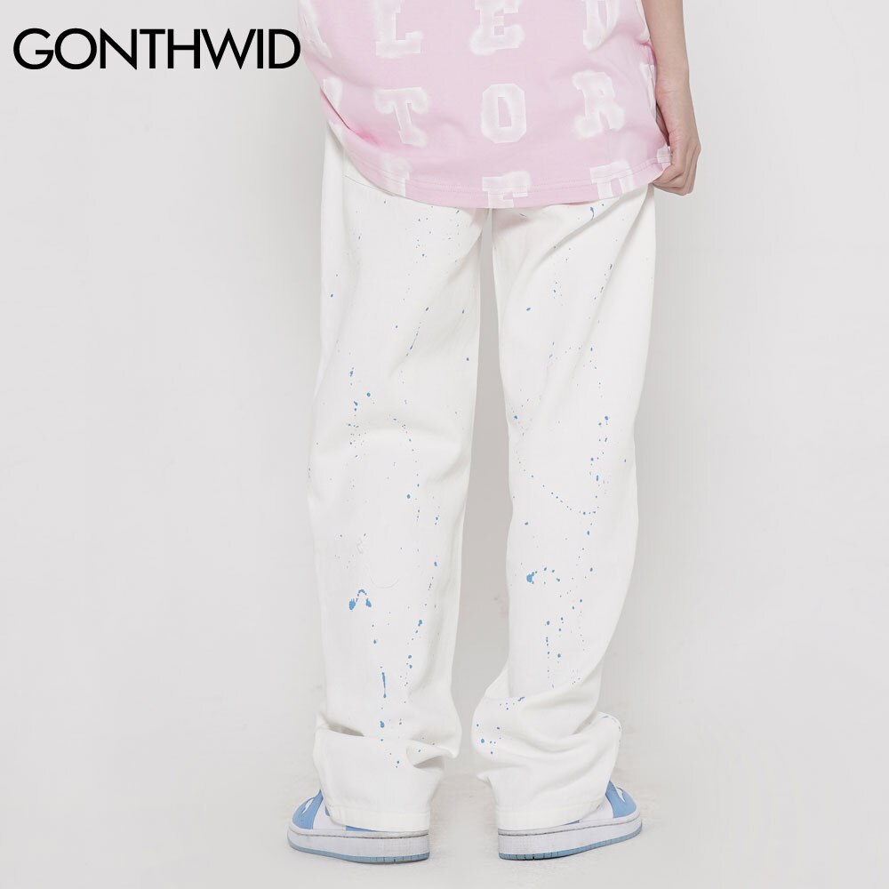 GONTHWID Jeans Men Hip Hop Streetwear Casual Graffiti Print Baggy Denim Pants Harajuku Loose Zipper Button Trousers Male